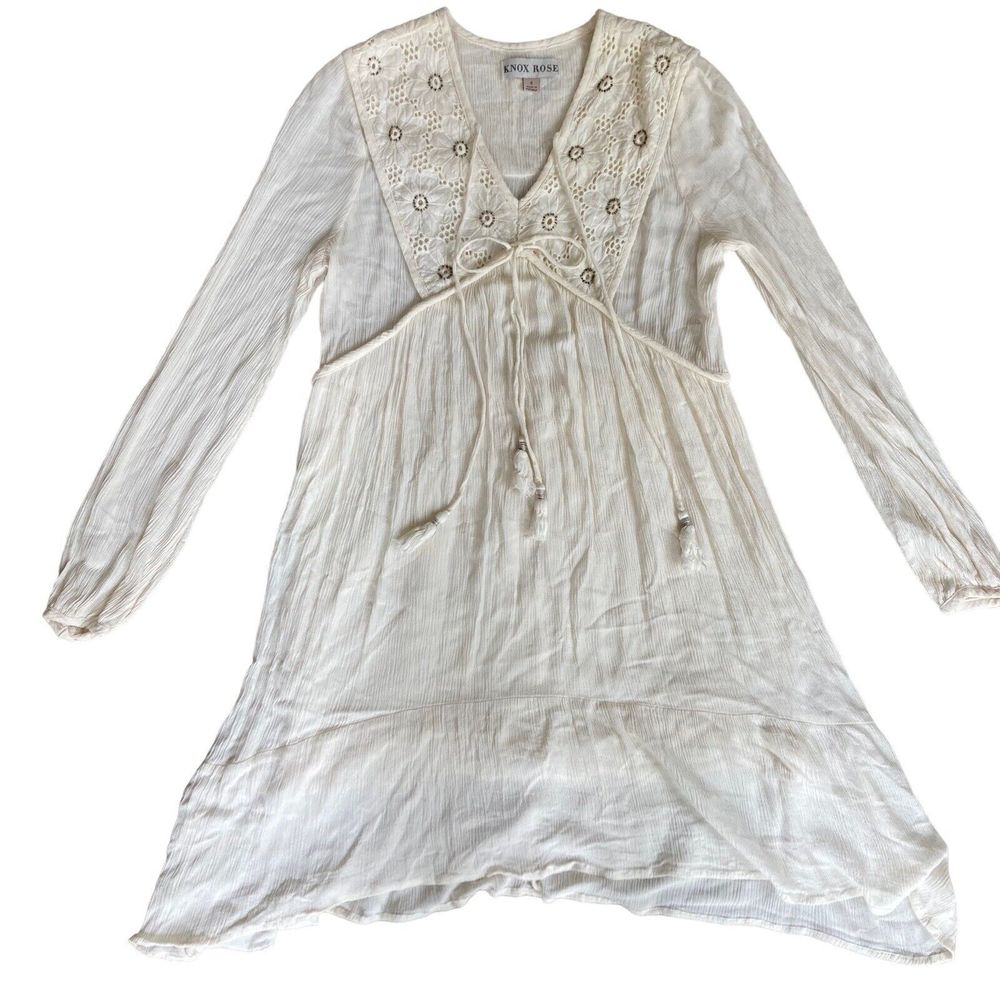 Knox Rose Women's Sz Small Cream Ivory Long Sleeve Boho Tassel Long Dress